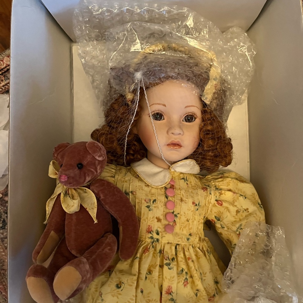 Porcelain Doll with Yellow Floral Dress and Brown Teddy Bear